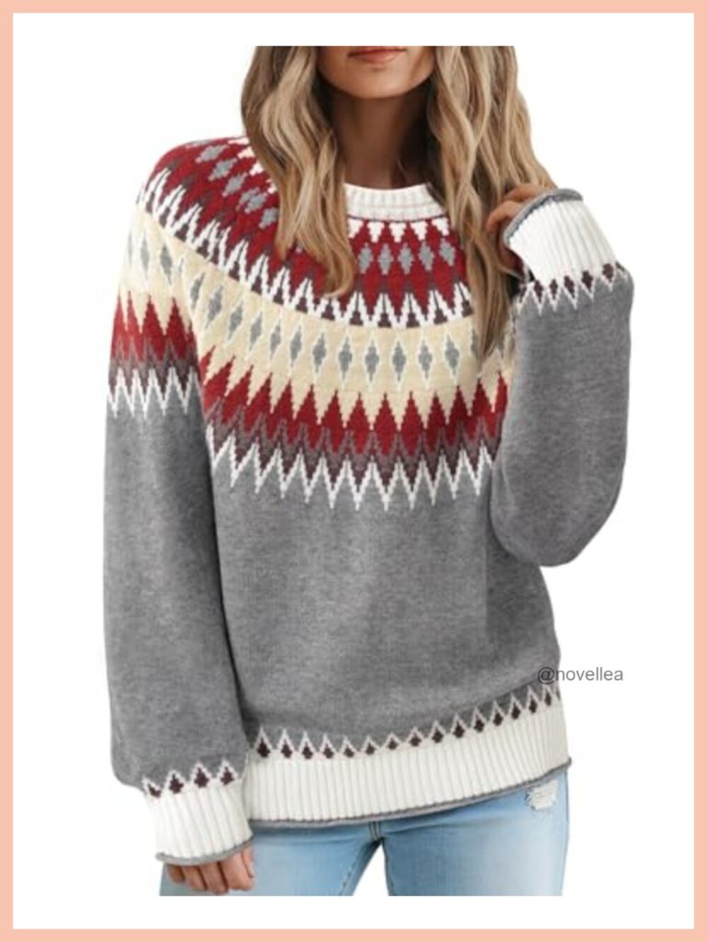 Women's Fair Isle Sweater Color Block Cozy Knit Pullover Crewneck